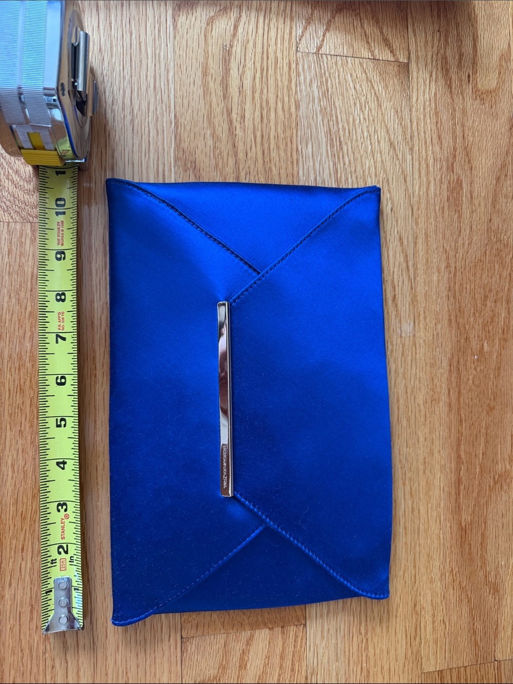 BCBGMaxAzria Cobalt Blue Satin Envelope Clutch with Silver Bar